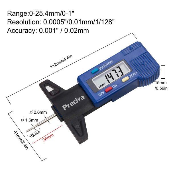 Preciva Digital Tyre Tread Depth Gauge, 0-25.4 Mm/ 1 Inch Portable Tyre Tread Checker and Tyre Measurement with LCD Display for Cars, Vans, Trucks - Image 3