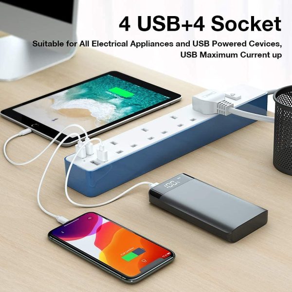 Extension Lead with USB, Power Strip with 4 USB Port 4 Way Outlets Power Extension Lead UK Socket Plug with 1.6M Cable - Blue - Image 5