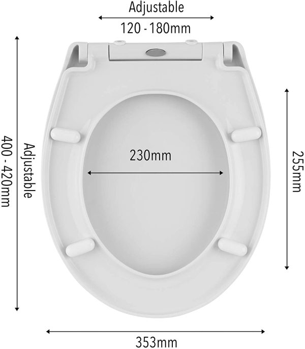 Quick Release Toilet Seat - with Soft Close Mechanism & Removable Hinges for Easy Cleaning - Universal Bathroom Bowl Seating with Thermoset Lid, ABS Cylinder, Fixings - 45.8x38x5cm, White - Image 3