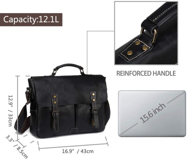 Messenger Bag for Men, VASCHY Genuine Leather Shoulder Bag Full Leather Laptop Bag for 15.6 Inch Vintage Satchel Briefcase with Adjustable Strap (15.6 Inch-black69) - Image 2