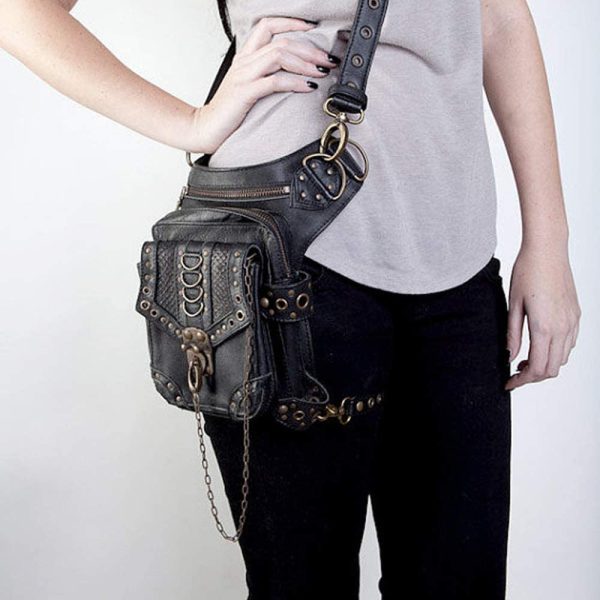 Malayas Steampunk Bag??Waist Bag/Shoulder Bag/Vintage Leather Shoulder Bag/Leg Bag Gothic Unisex, Black