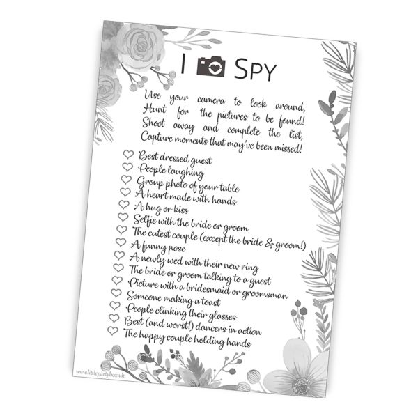 I Spy Camera Selfie Game - 10 Pack - Wedding Cards - Flower Leaf Design - Favours