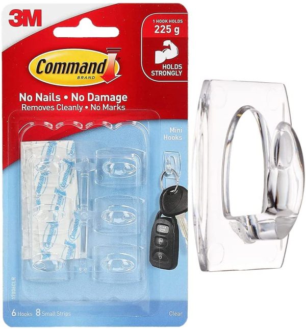 Command 395B Mini Hooks, Pack of 6 Mini Hooks and 8 Small Adhesive Strips, Transparent - Hanging Clips for Decorations and Fairy Lights, Wall Adhesive - Damage Free Hanging - Image 7