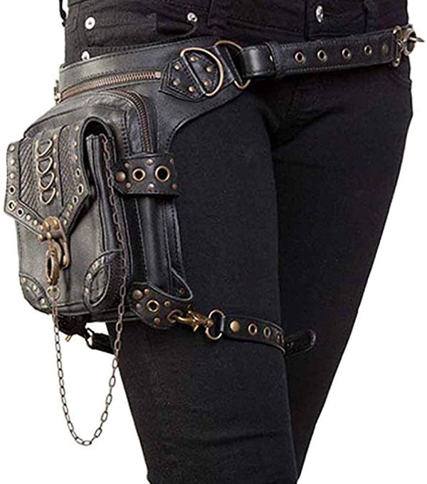 Malayas Steampunk Bag??Waist Bag/Shoulder Bag/Vintage Leather Shoulder Bag/Leg Bag Gothic Unisex, Black - Image 3