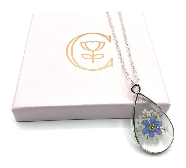 Valentine's Day gift. Teardrop shaped Pressed dried Forget Me Not and Queen Annes Lace Flower Pendant and Silver plated Necklace. Gift box included. Lace 13th Wedding Anniversary Gif - Image 3