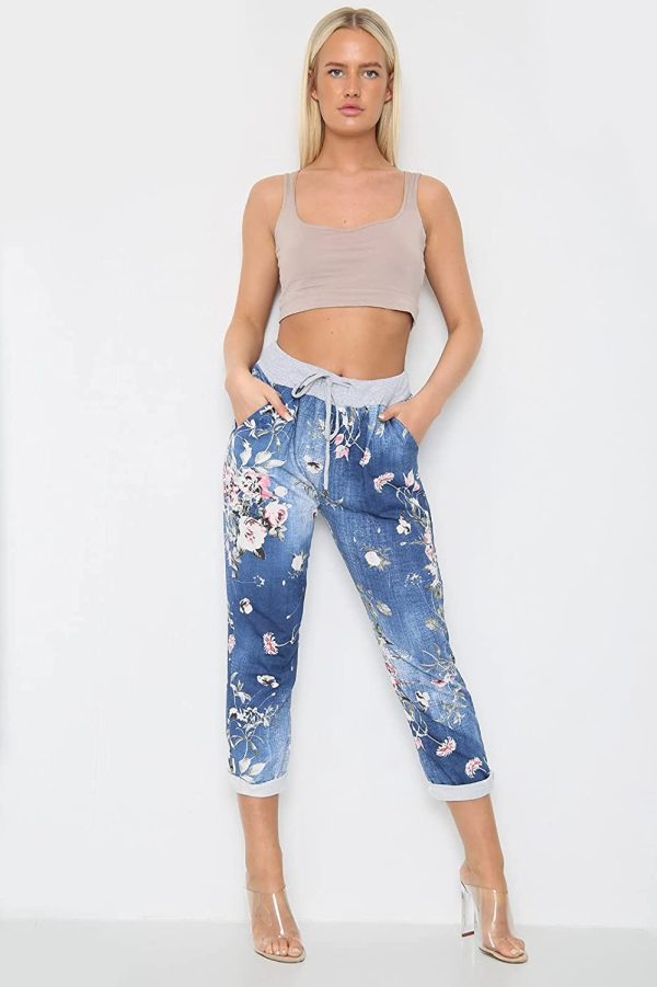 Crazy Fashion Women??s Ladies Denim Joggers Star Printed Sweatpants Floral Ribbed Waistband Trousers Ladies Casual Summer Drawstring Italian Gym Running Pants Plus Size 8-26 - Image 3