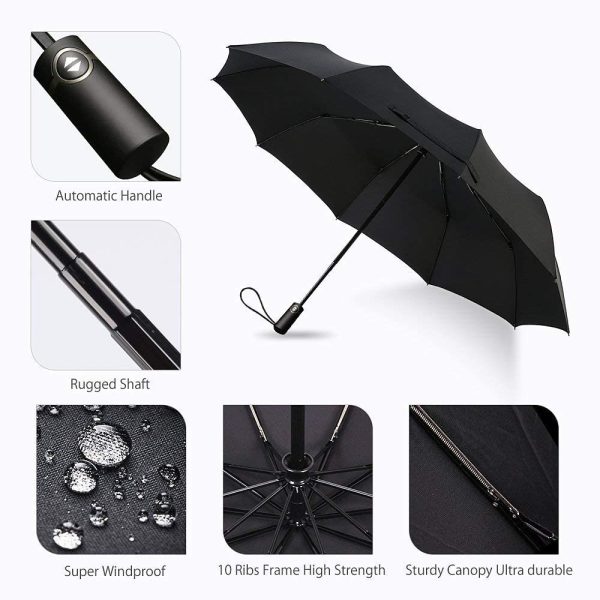 Compact Umbrella Windproof Travel Folding Umbrellas, Storm-Proof UP to 87 mp/h, 210T Teflon Coated Fast-Drying, Auto Open Close Foldable Umbrella, Portable Lightweight Umbrella Men's Ladies (Black) - Image 3