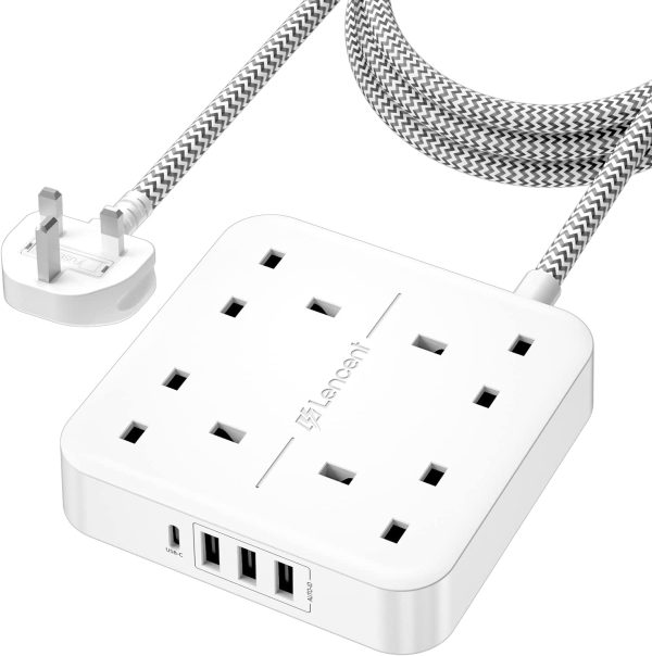 LENCENT Extension Lead with USB C Port, 3250W 13A, 4 Way Outlets Power Strip with 1 USB-C and 3 USB Slots, Multi Power Plug Extension with 1.8M Braided Extension Cord for Home Office, White - Image 3