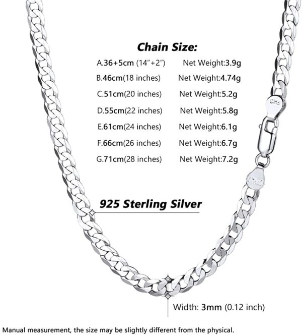 Silvora S925 Curb Link Chain Necklace 3MM/5MM, Sterling Silver Figaro Link Chains for Men Women Italy Miami Curb Chains 14-28 Inches - Image 6