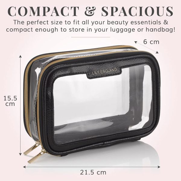 Clear Travel Makeup Bag Organiser - Small Portable Airport Toiletry Cosmetic Case by Lily England, Black and Gold - Image 5