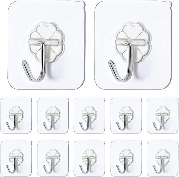 Self Adhesive Hooks,12 PCS Heavy Duty Door Wall Adhesive Hooks for Kitchen, Bathroom, Office, Closet, Hanging Coat Cloth Towel Key Decorations