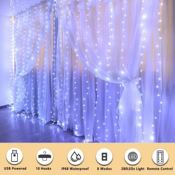 Curtain Fairy Lights, 300 LED 3m x 3m 8 Modes USB Plug in Hanging Window Light,Remote Timer Copper Wire String Lighting for Bedroom Outdoor Garden Wall Gazebo Christmas Decorations Cool White - Image 5