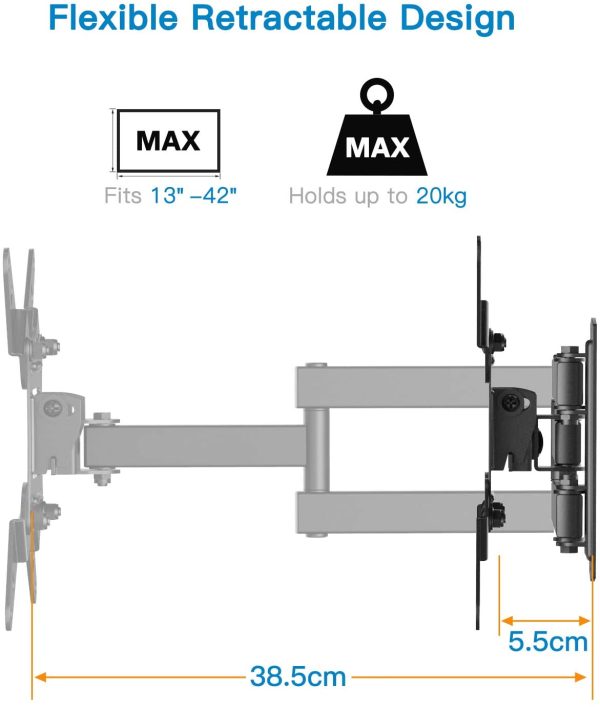 PERLESMITH TV Wall Bracket for 13-42 inch TVs, Swivels Tilts TV mount for Flat & Curved TV??VESA 75x75mm to 200x200mm up to 20kg - Image 6