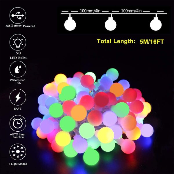 Christmas Colorful Battery Fairy Lights - 5M 50led Blub Fairy Lights with 8 Lighting Modes Waterproof Fairy Light for Christmas Tree Wedding Party Home Bedroom(Colorful) - Image 3