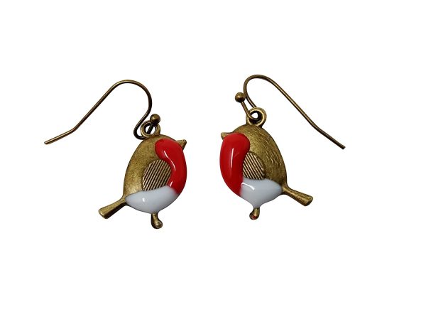 Robin bird dangle earrings hand resin enamelled in gift box. (BronzeRobinFH) - Image 5