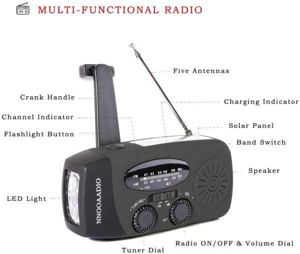 Portable Emergency Radio, Wind Up Solar Radio Hand Crank Powered Weather Radio with AM/FM Tuner, USB Phone Charger, Bright LED Flashlight for Household and Outdoor Camping, Activities - Image 3