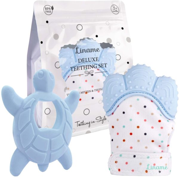 Liname?? Deluxe Teething Set Includes Teething Mitten for Babies & Teething Toy - Safe (BPA Free), Washable & Durable Teething Mitt - Gift Packaging (Blue) - Image 7