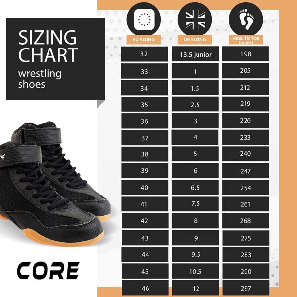 Core Wrestling Shoes for Men, Women and Children - Non-Slip Martial Arts Shoes - Robust Training Shoes Suitable for Wrestling, Crossfit and Weightlifting - Black