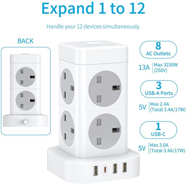 Hulker Tower Extension Lead with USB Slots, Multi Plug Extension 8 Way 4 USB (1 Type C and 3 USB Ports) with Switch Tower Power Strip with Widely Spaced Outlets 2M Cable Overload Protection 3250W 13A