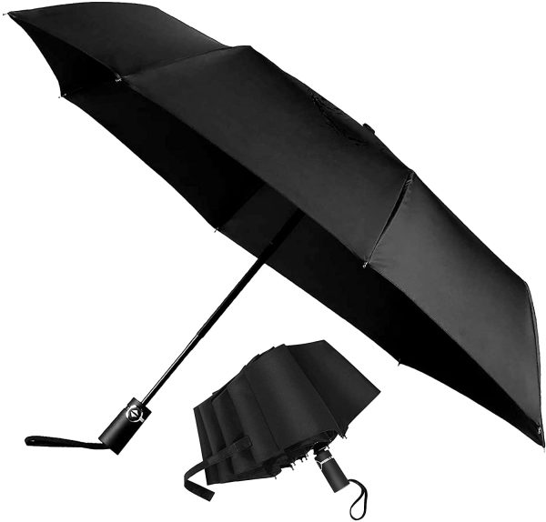 Folding Umbrella, Automatic Open/Close Umbrella, 10 Ribs Travel Umbrella with Teflon Coating, Ergonomic Handle, Strong and Portable Rain Umbrella for Mens Women