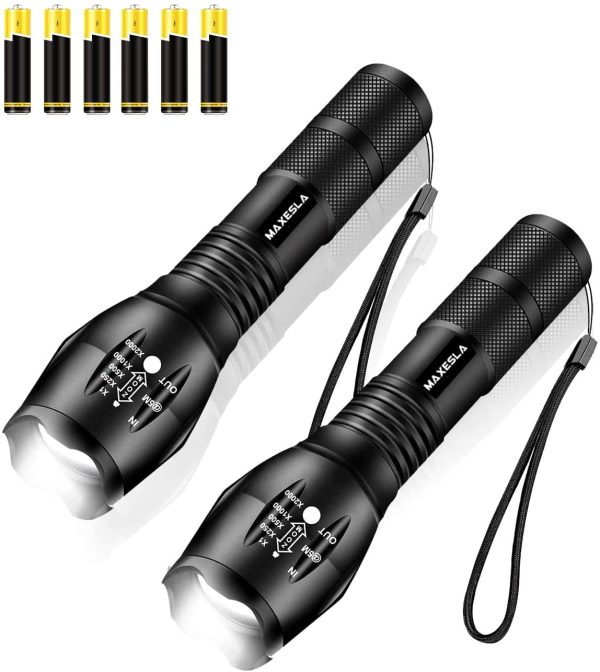 Maxesla LED Torch 2000 Lumens, Zoomable Torches Led Super Bright Flashlight, Powerful Torches Battery Powered Water Resistant 5 Modes Mini Tactical Torch ,Camping, 2 Pack, 6 x AAA Batteries Included - Image 4