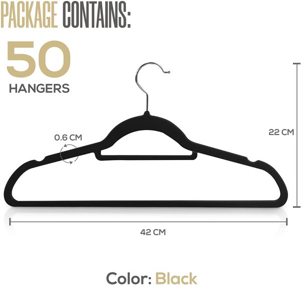 Premium Non-Slip Velvet Hangers [Set of 50] (42cm) ?C Heavy Duty Velvet Suit Hangers with Tie Bar, 360 degree rotatory hook ?C Space saving, sturdy to hold Jacket, Jumper & Pullover (Black) - Image 4