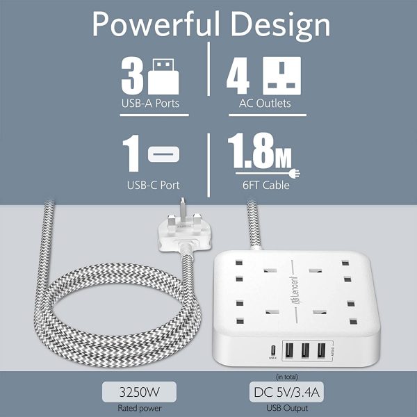 LENCENT Extension Lead with USB C Port, 3250W 13A, 4 Way Outlets Power Strip with 1 USB-C and 3 USB Slots, Multi Power Plug Extension with 1.8M Braided Extension Cord for Home Office, White