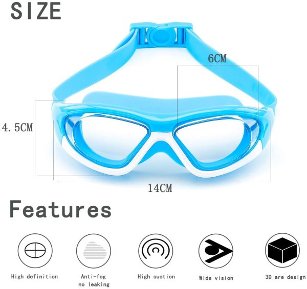 Big Frame Wide-Vision Swim Goggles for Children Girls Boys(Age 6-15 years old), Premium Polarized Kids Swimming Goggles Diving Mask Anti Fog No Leaking UV Protection-with FREE Case,Nose Clip Ear Plugs - Image 6