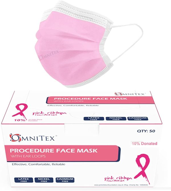 Omnitex Pink for Breast Cancer | 3ply Premium Type IIR Disposable Surgical Face Mask | EN14683:2019 | 98% Filtration, Fluid Resistant, Medical Face Mask 2R with Ear Loops - Pack 50 - Image 3