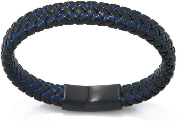 HALUKAKAH Kids ?? Jazz Junior ?? Boy's Genuine Leather Handmade Braid Black Mix Blue/Red Bracelet 6-12 Y/O. Titanium Magnetic Frosted Clasp Size Adjustable 18-19.5cm with Free Giftbox - Image 2