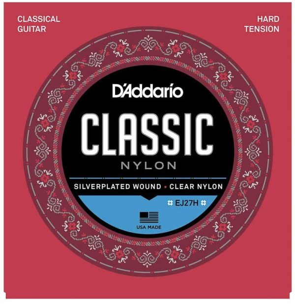 D'Addario Guitar Strings - Classic Nylon Guitar Strings - EJ27H Classical Guitar Strings - Silver Plated Wrap, Nylon Core, Clear Student Nylon Trebles - Hard Tension, 1-Pack