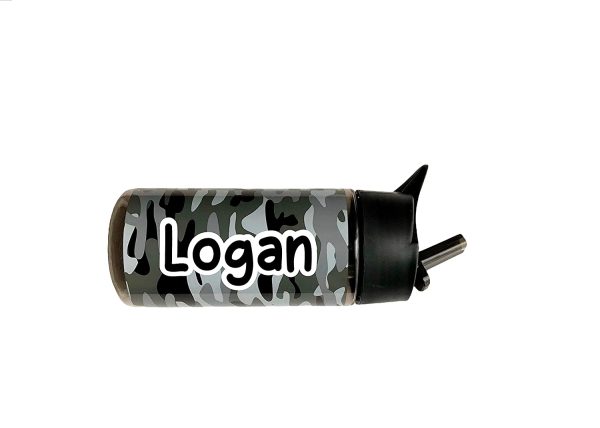 CAMOUFLAGE Water Bottles Personalised, Camo Drink Bottle ideal for kids UK, camo in black and grey