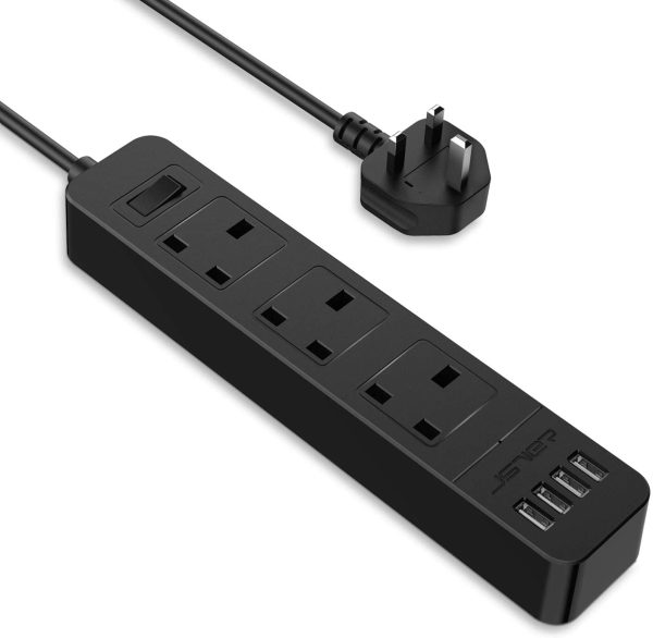 JSVER Extension Lead with 4 USB Ports Desktop Power Strip Smart Charging Station 3 Outlets Surge Protection for Home Travel, Black - Image 5