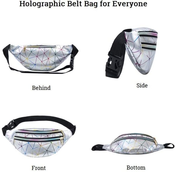 Geometric Bum Bag Waist Bag Holographic Fanny Pack Reflective Color Shiny Belt Bag Unusual for Ladies Travel Party Sports Running Hiking (Black)