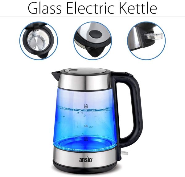 Electric Kettle Glass Kettle 1.7L Cordless 2200W Removable Filter, Boil Dry Protection & Auto Shut Off, LED Light Ring, Thermostat and Strix Controller - Image 4