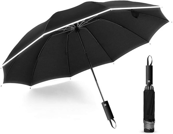 Inverted Umbrella Windproof, Travel Folding Umbrellas for Women Men, Golf Reverse Umbrella with Reflective Stripes, Teflon Umbrella Rain and Sun, Auto Open and Close Compact Portable Black Umbrella