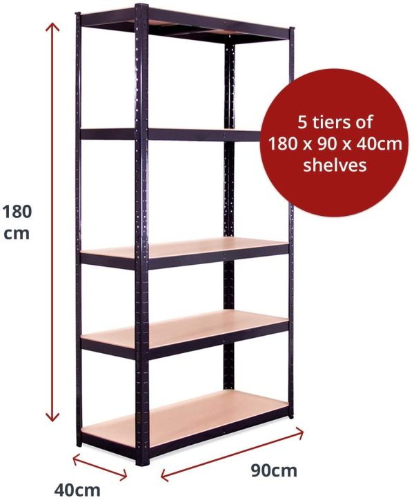 Garage Shelving Units - 5 Tier Metal Storage Shelves - Black Utility Rack for Shed, Workshop, Office Warehouse - 180cm x 90cm x 40cm, 875KG Capacity (175KG Per Shelf Unit) - 5 Year Warranty - Image 4