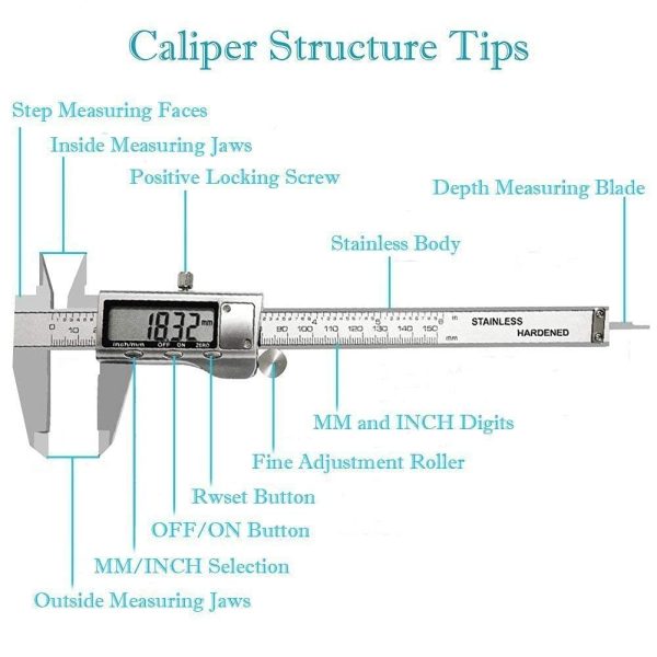 LOUISWARE Electronic Digital Vernier Caliper, with Extra-Large LCD Screen and 150mm 0-6" Inch/Metric/Fraction Conversion, Stainless Steel, IP54 Water Resistant - Image 2