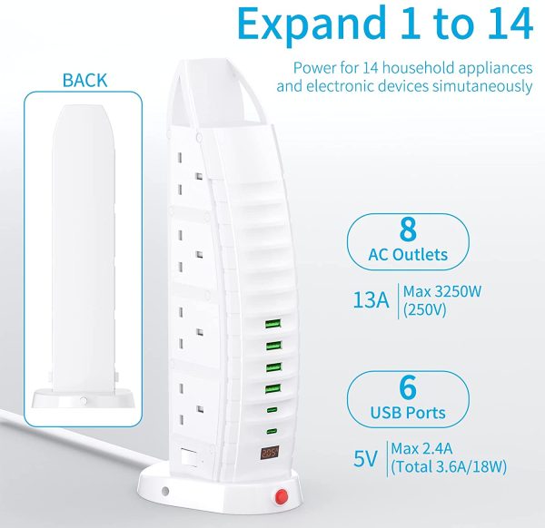 Extension Lead with USB, Tower Extension Cord 8 Way Outlets 6 USB (2 Type C and 4 USB Ports)  3.6A Multi Plug Extension Socket 2M Cable with Switches, Vertical Power Strip - Image 3