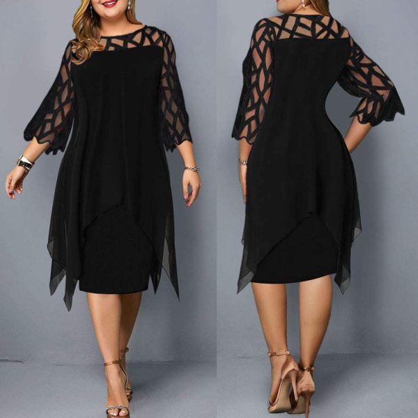 AMhomely Women Dresses Promotion Sale Clearance Ladies Perspective Mesh Chiffon Hollow Out O-Neck Double Oversize Dress Skirt Plus Size Dress Party Elegant Dress Vintage Dress UK Size S - XXXXL - Image 7