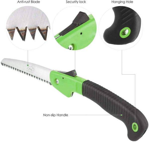 Folding Pruning Saw, 7"/180mm Hand Saw, Premium Secure Lock Comfort Soft Grip, Compact Sturdy Tree Saw, for Garden Branch Trimmer, Camping (Green/Black)