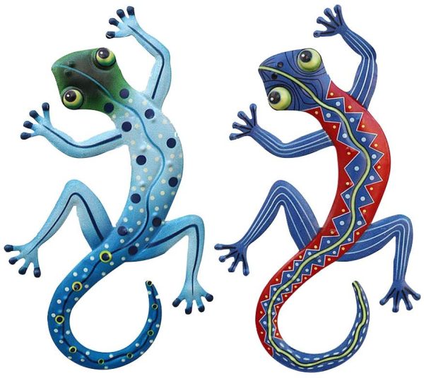 Metal Gecko Wall Decor, 2pcs Gecko Wall Art Decoration | Handmade Craft Inspirational Sculpture Hang Indoor Outdoor for Yard Fence Garden Home Kids Gifts