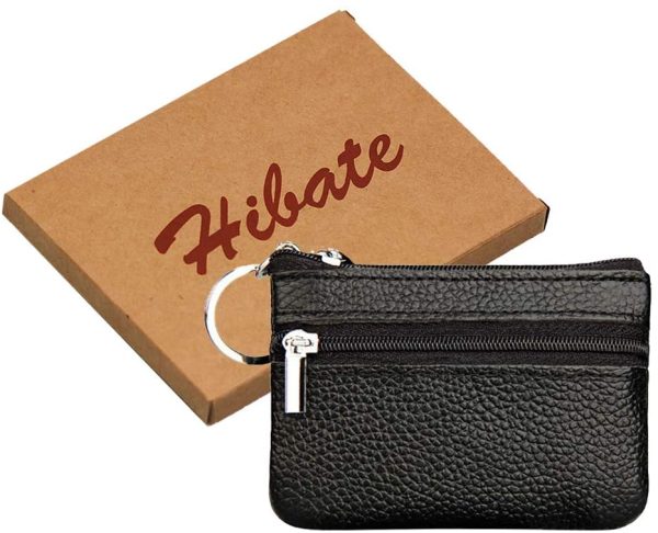 Hibate Mini Coin Purse Holder Wallet Leather Purses for Women Men Kids Minimalist Zip Pouch with Key Ring - Black - Image 4