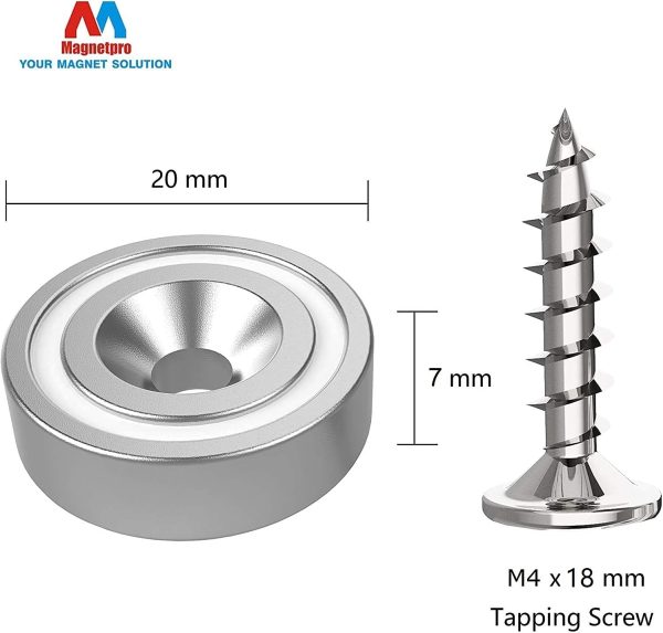 Magnetpro 12 Pieces Magnet 10 KG Force 20 x 7 mm with Countersunk Hole and Steel Capsule, Pot Magnets with Screws and 12 Steel Pads - Image 2