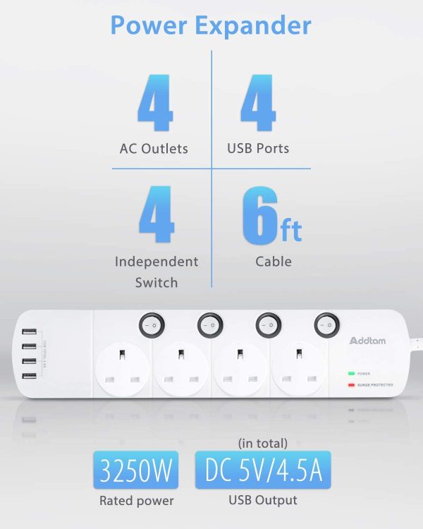 Extension Lead with USB Slots, 4 Way Socket Outlets Power Strips with 4 USB (4.5A) Surge Protection Plug Extension with 1.8 Meter Braided Extension cord for Home Office, Individually Switched White