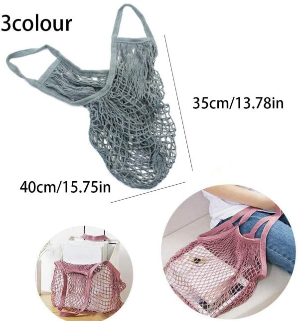 Pveath 3 Pack Grocery Mesh Bags Portable/Reusable/Washable Organic Cotton String Shopping Bags Produce Net Tote Bags with Short Handle Shopping Handbag for Fruit Vegetable Storage (Purple Beige) - Image 2