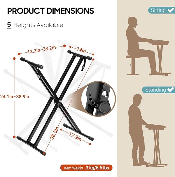 CAHAYA Adjustable Keyboard and Panio Stand Heavt Duty Double X Style Gigital Electric Paino Stand with Locking Straps for 61 76 88 Keys, Model CY0245