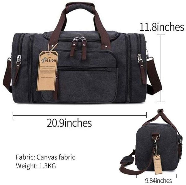 Canvas Duffle Bags,Fresion New Two Side Pockets for Extensions for Unisex Weekend Daypack Large Holdall Travel Bag ??Black??(Expansion Capacity: 58 * 25 * 30cm) - Image 2