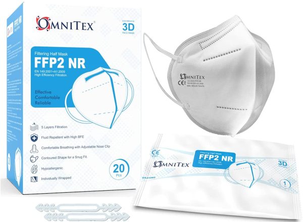 Omnitex  - Box of 20, Individually Wrapped | High Filtration - 5 Layers | EN149 CE Certified | Hypoallergenic | Fluid Resistant | Ear Loops & Adaptable Nose Bridge | 5X Extenders - Image 7