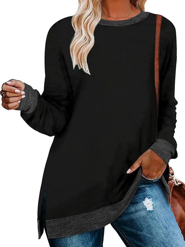 iChunhua Women Long Sleeve Crewneck Sweatshirts Color Block Tunic Jumpers Tops Side Split - Image 3